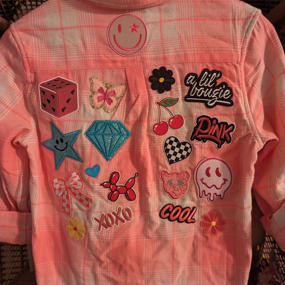 Kids' Pink Plaid Jean Jacket with Playful Patches
